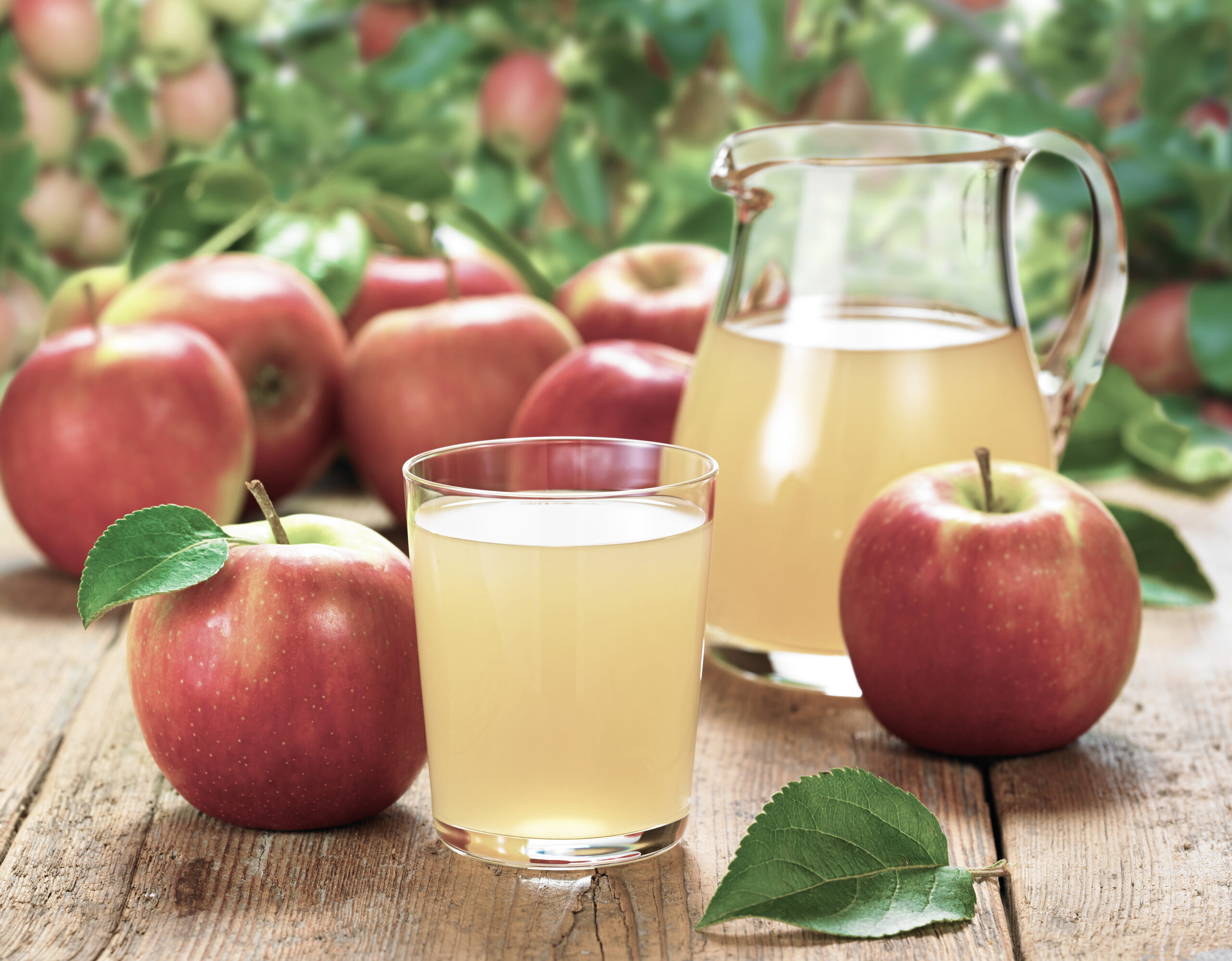 Ein Glas und eine Kanne voll Apfelsaft, die neben zwei Äpfeln stehen.